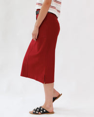 Red pleated skirt worn by a person on a white background