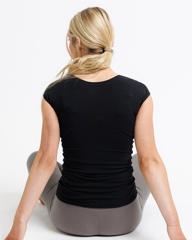 Person sitting on a gray yoga ball with a white background