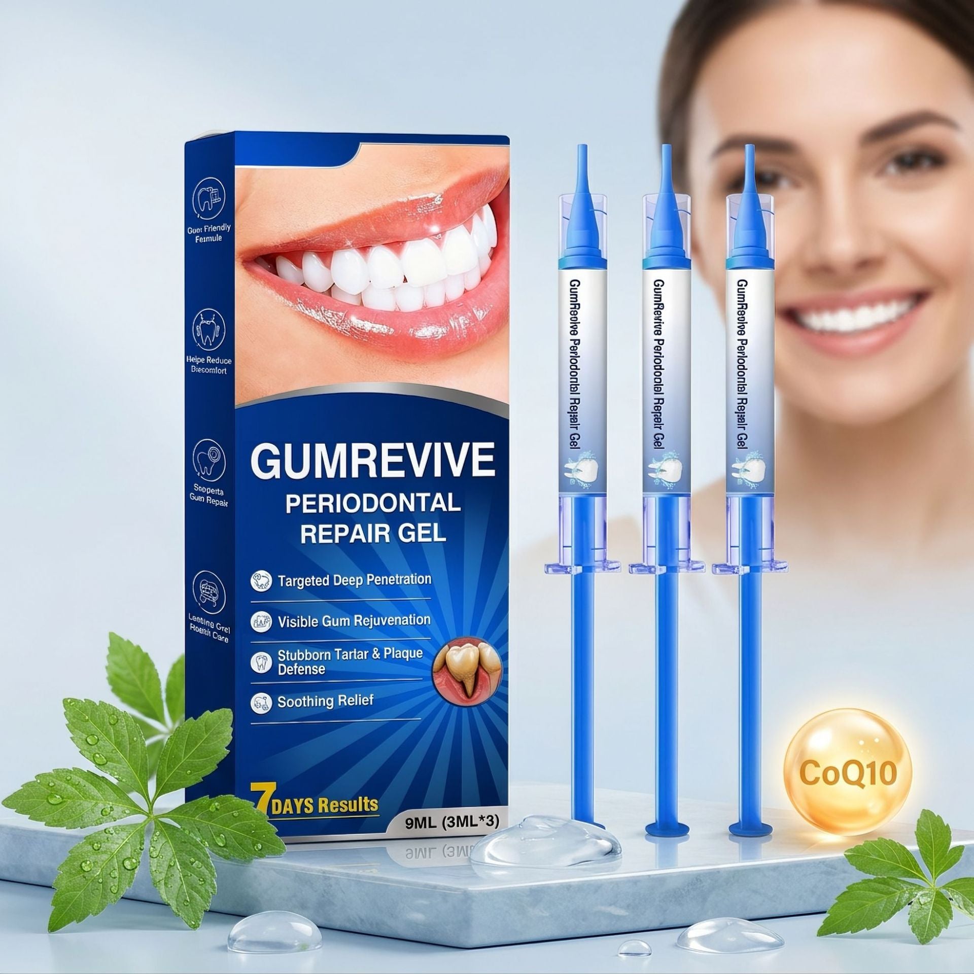 Gumrevive Periodontal Repair Gel shown with its blue retail box, three blue gel syringes, mint leaves, and a smiling woman in the background. The box reads 'GUMREVIVE PERIODONTAL REPAIR GEL' and includes a tooth close-up on the front.