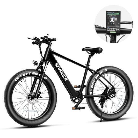 Black SIVROCK V1 Electric Bike with fat tires and a step-through frame, displayed indoors.