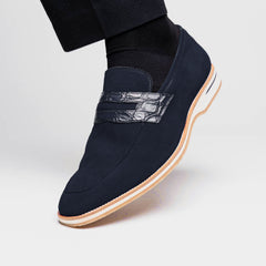 11-020-NVY MEO 3 Sueded Goatskin Penny Loafer, Navy