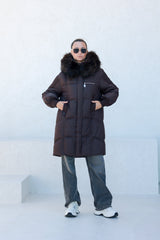 Dakota Genuine Fur Trim Down Fill Coat in Chocolate