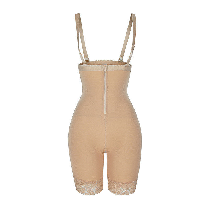 Beige shapewear bodysuit with straps on a white background