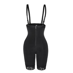 Black full-body compression shapewear briefs with adjustable shoulder straps, a front zipper, and lace trim at the legs, shown on a plain white background.