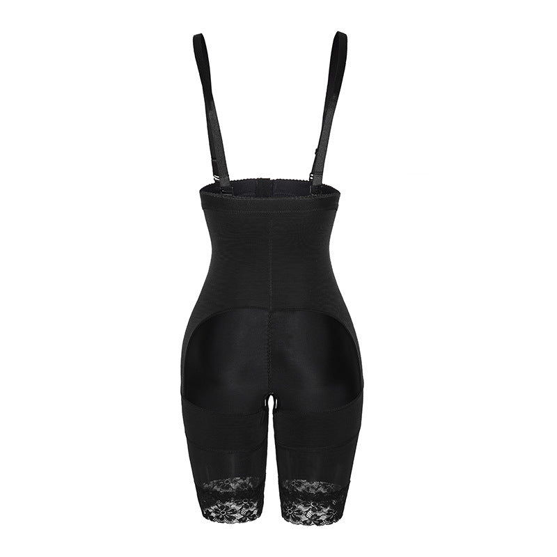 Black shapewear briefs with adjustable shoulder straps and lace trim at the lower legs, shown against a plain white background.