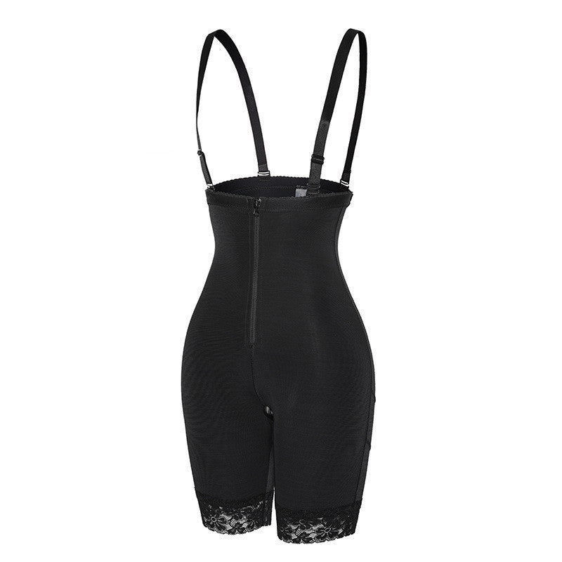 Black bodysuit with lace trim on a white background