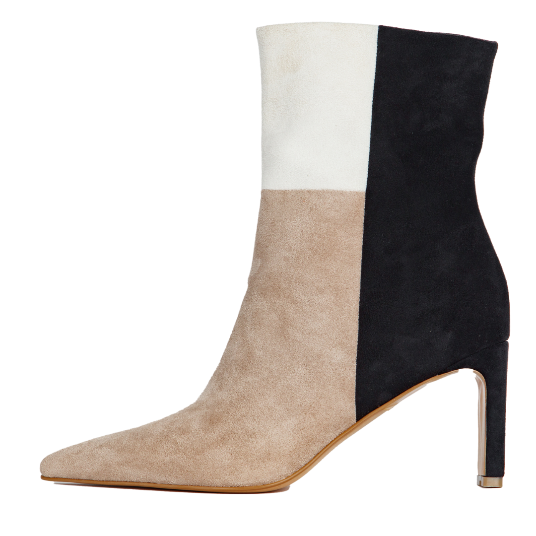 Three-tone ankle boot with white, beige, and black color scheme on a white background