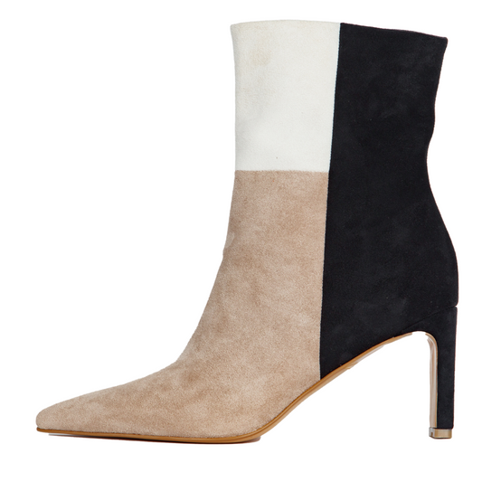 Three-tone ankle boot with white, beige, and black color scheme on a white background