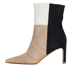 Three-tone ankle boot with white, beige, and black color scheme on a white background