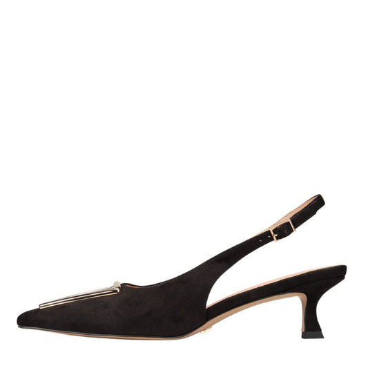 Black slingback shoe on a white background