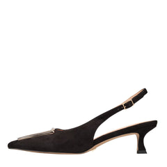 Black slingback shoe on a white background