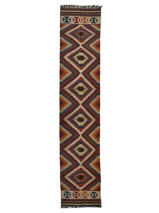 Hand-Knotted Afghan Kilim Wool Runner Rug – 2’8” x 12’4” – Vintage Full Geometric Design Rugistan