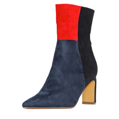 Color-blocked sock boot with red, blue, and black sections on a white background