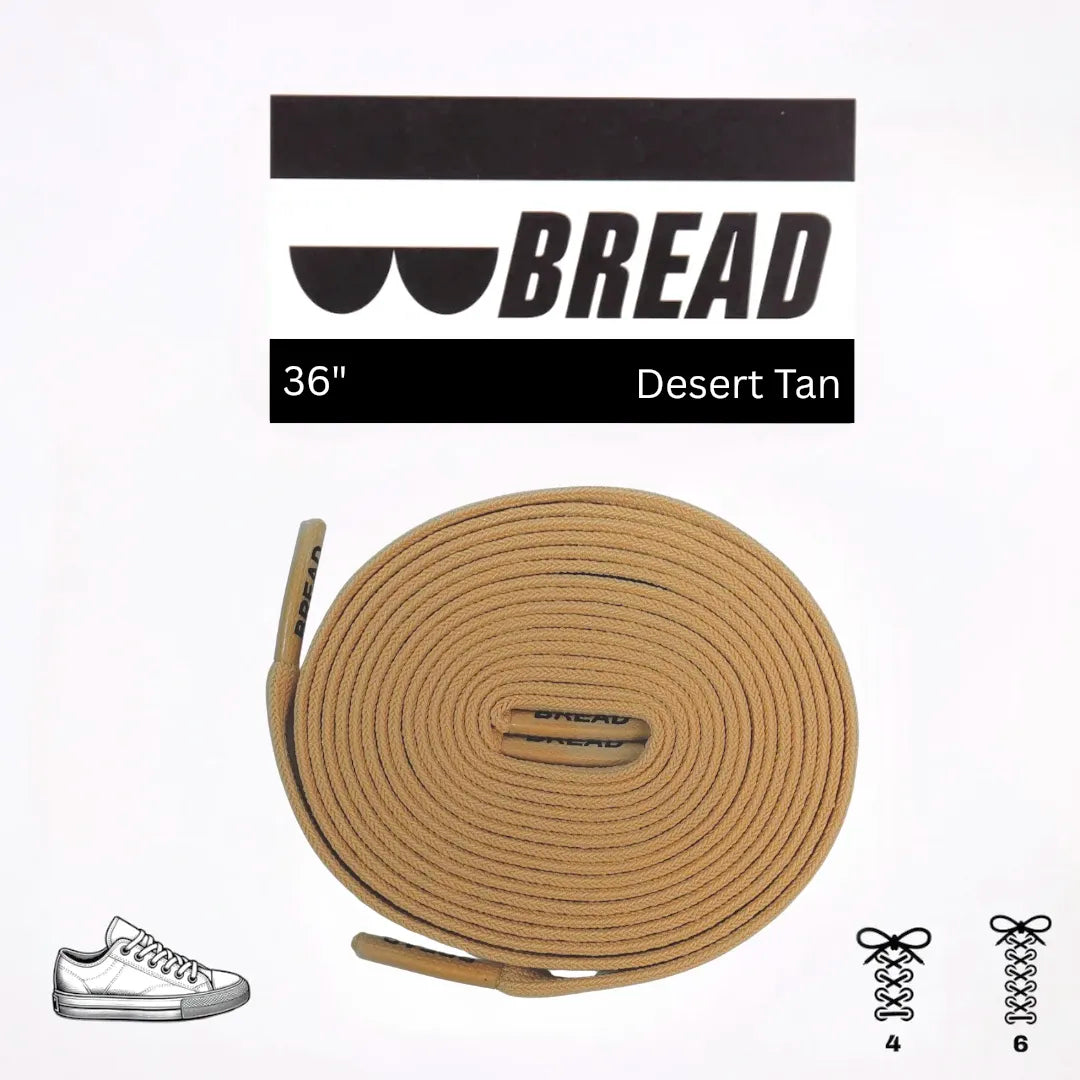 Desert tan shoelace with 'BREAD' branding on a white background