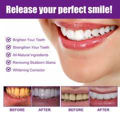 Teeth whitening product advertisement with a smiling person, before and after images, and listed benefits.