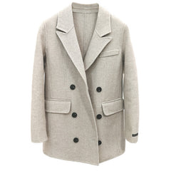 Beige double-breasted coat with black buttons on a white background