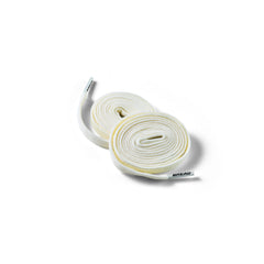 White shoelaces with a brand logo on a white background