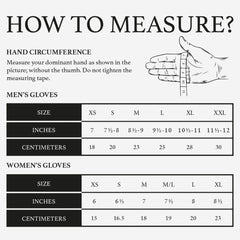 A size-measurement guide for gloves with a hand illustration and tables for men's and women's glove sizes in inches and centimeters.