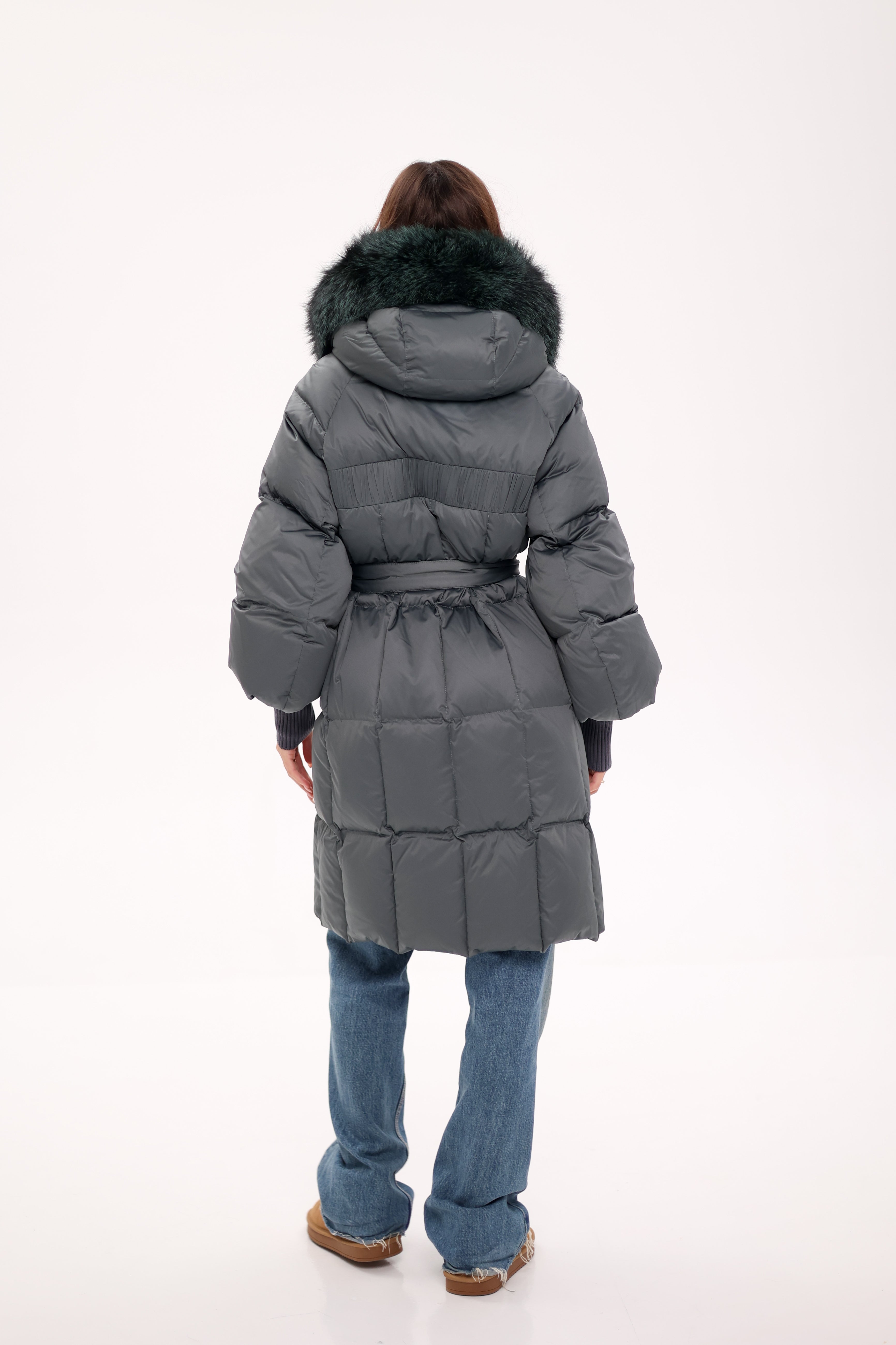 Genuine Silver Fox Fur Trim Down Coat in Forest Slate Alaska® Outerwear Company