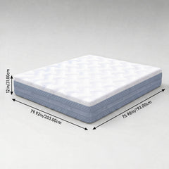 A mattress shown at an angle on a light gray background with dimension arrows and text indicating 12 inches height and 79.92 inches by 75.