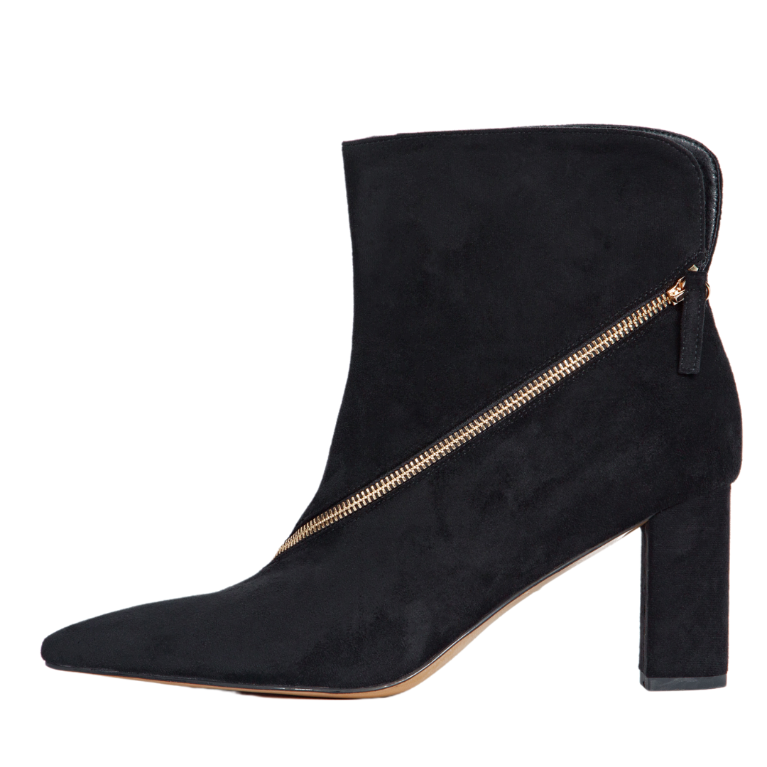 Black ankle boot with a gold zipper on a white background