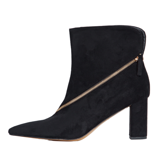 Black ankle boot with a gold zipper on a white background