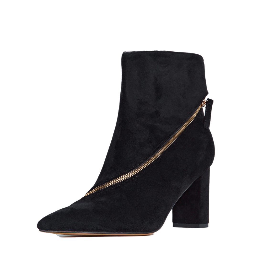 Black ankle boot with a gold zipper on a white background