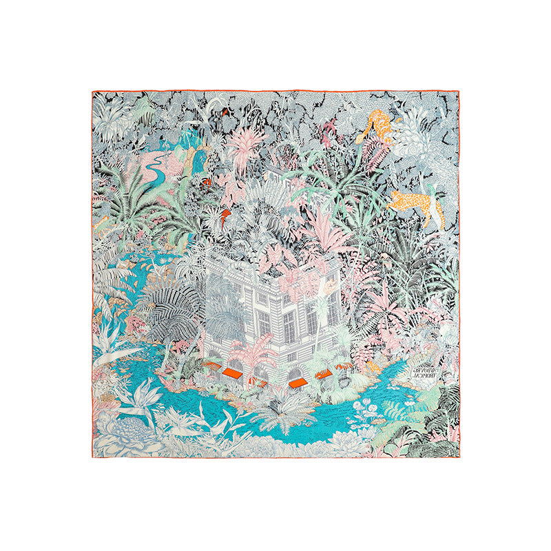 Decorative blanket with a colorful animal and nature pattern on a white background