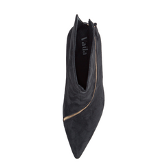Black pointed-toe boot with gold zipper on a white background