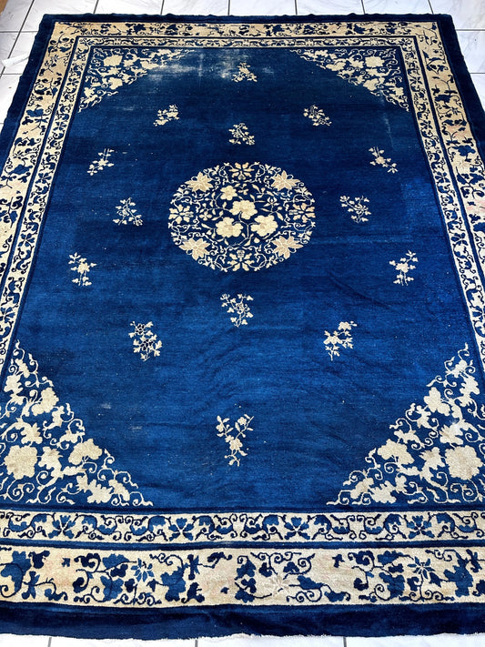 Hand-Knotted Antique Chinese Peking Wool Rug – 9’ x 11’5” – Distressed Blue, 19th Century Rugistan
