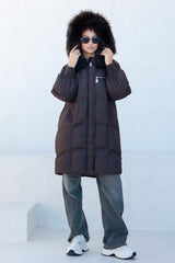 Dakota Genuine Fur Trim Down Fill Coat in Chocolate