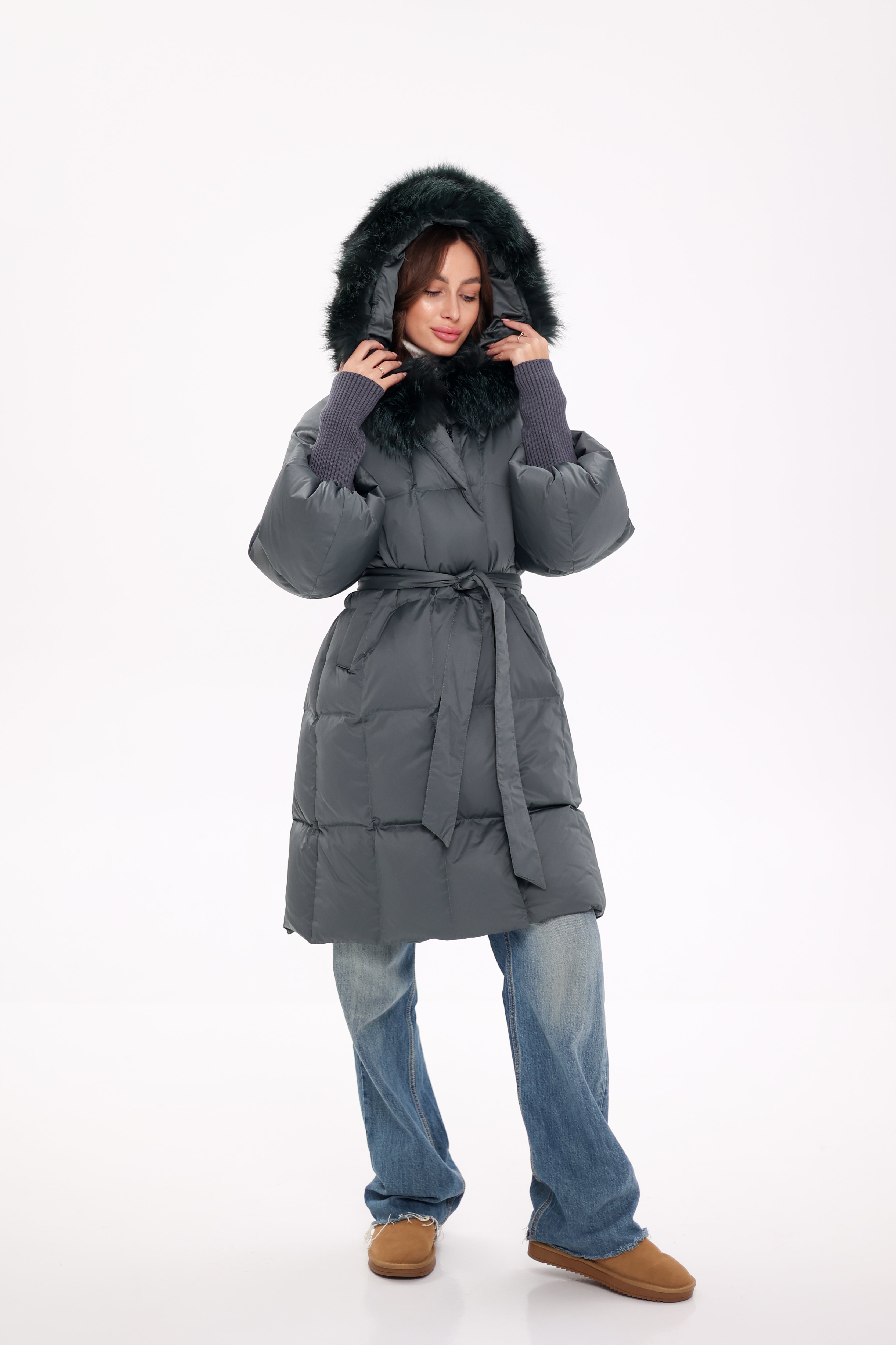 Genuine Silver Fox Fur Trim Down Coat in Forest Slate Alaska® Outerwear Company