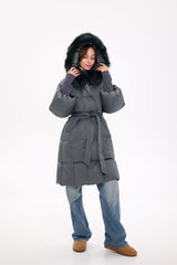 Genuine Silver Fox Fur Trim Down Coat in Forest Slate Alaska® Outerwear Company
