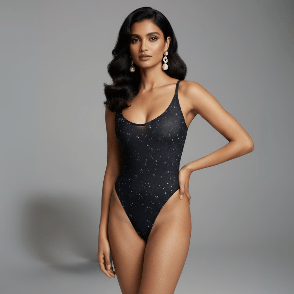 Woman wearing a black swimsuit with star pattern on a gray background
