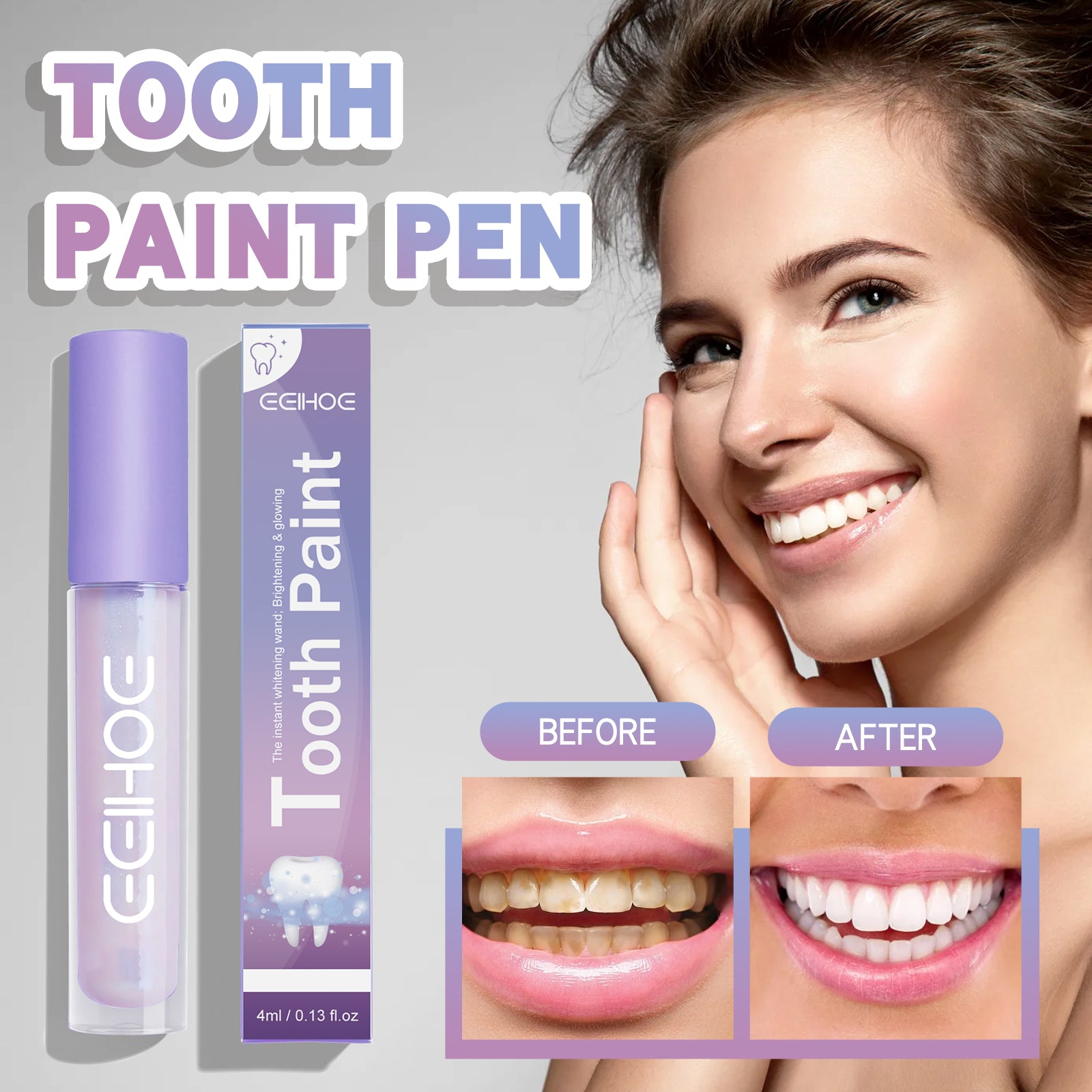 Tooth Paint Pen with packaging and before/after effects on a woman's smile.