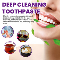 Advertisement for deep cleaning toothpaste with a close-up of a smiling mouth and text about its effectiveness.