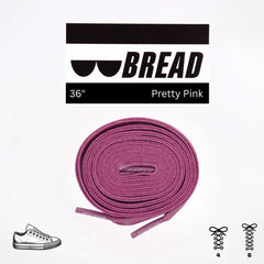 Pink shoelaces with 'BREAD' branding and product details on a white background