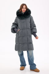 Genuine Silver Fox Fur Trim Down Coat in Forest Slate Alaska® Outerwear Company