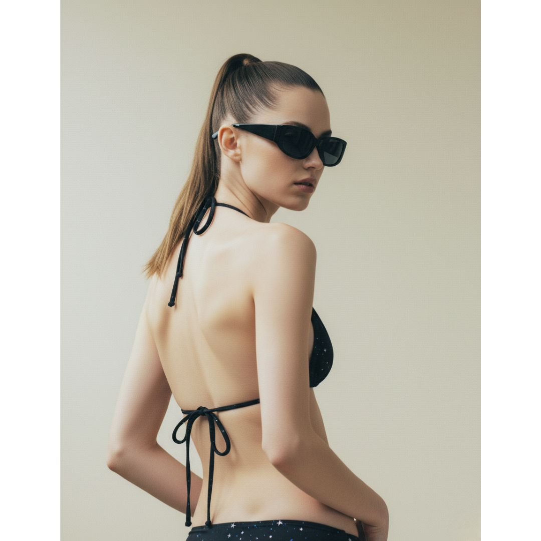 Woman wearing a black bikini and sunglasses against a beige background