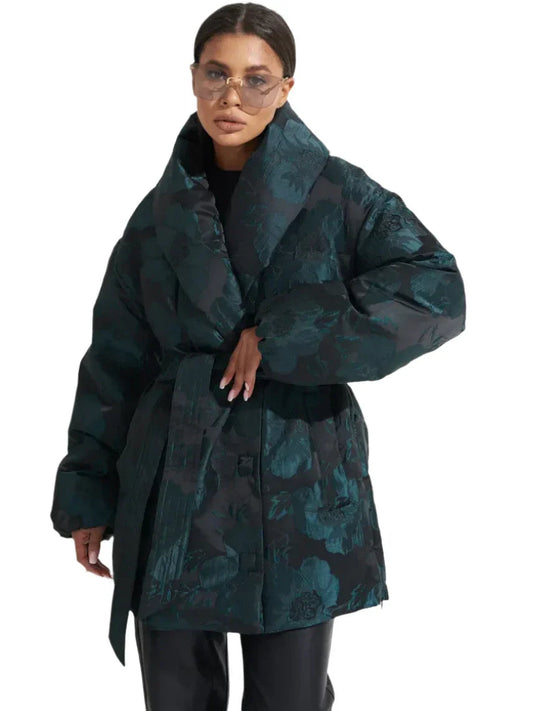 Monochrome Jacquard Down Coat in Vintage Emerald Alaska® Outerwear Company