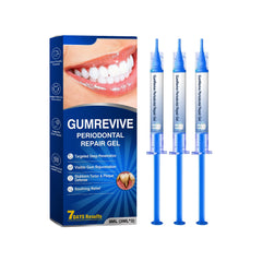 Gumrevive Periodontal Repair Gel shown with its blue retail box and three blue gel syringes on a plain white background.
