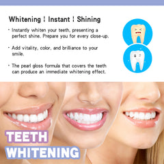 Advertisement for teeth whitening product showing before and after effects on a woman's smile.