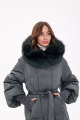 Genuine Silver Fox Fur Trim Down Coat in Forest Slate Alaska® Outerwear Company