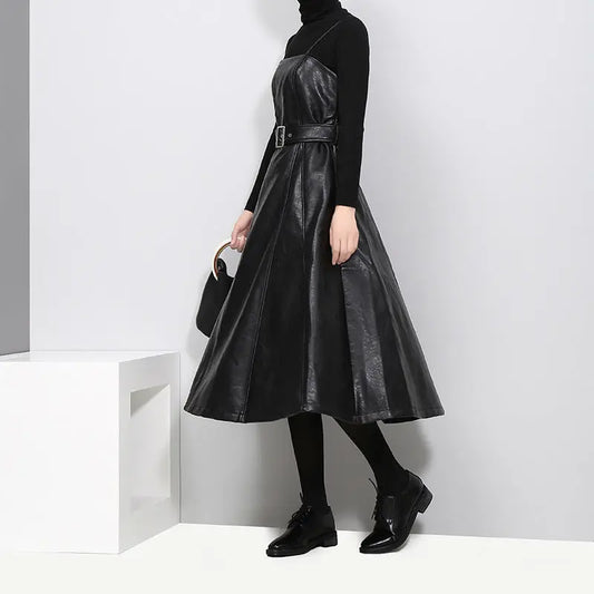 Long PU Leather Suspender Skirt – Adjustable Straps Family Shopolf