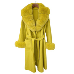 Yellow coat with fur collar and cuffs on a white background