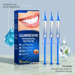 Gumrevive Periodontal Repair Gel shown with its blue retail box, three syringe-style gel applicators, and decorative water droplets on a pale blue background. Text highlights active ingredients, 7-day results, and portability.
