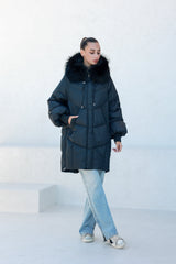 Celeste Genuine Fur Trim Down Fill Coat in Black