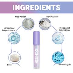 Cosmetic product with labeled ingredients including mica powder, titanium dioxide, and others on a white background.