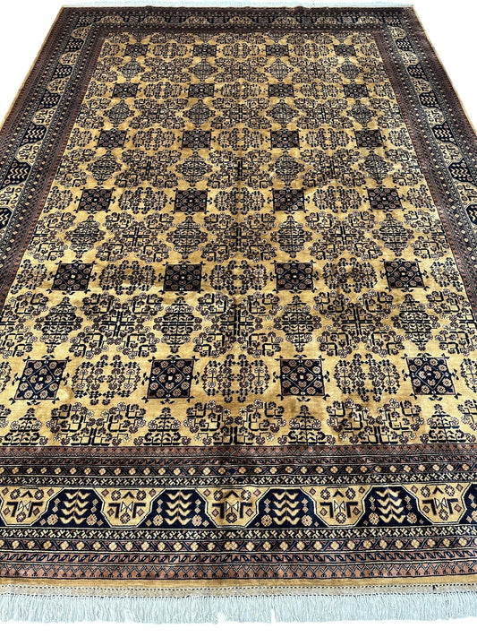 Hand-Knotted Afghan Bukhara Rug 8'4" x 11'10" - Wool, Geometric Patterns Rugistan