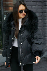 Chantal Genuine Fur Trim Down Fill Coat in Black